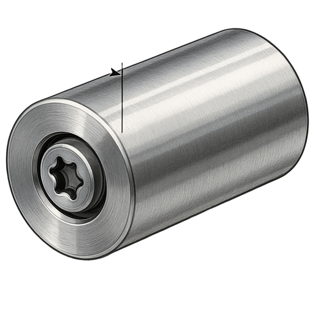 3/8" long  X 1" round stainless steel rod with counterbored hole with 6-32 screw socket head cap screw with Torx drive