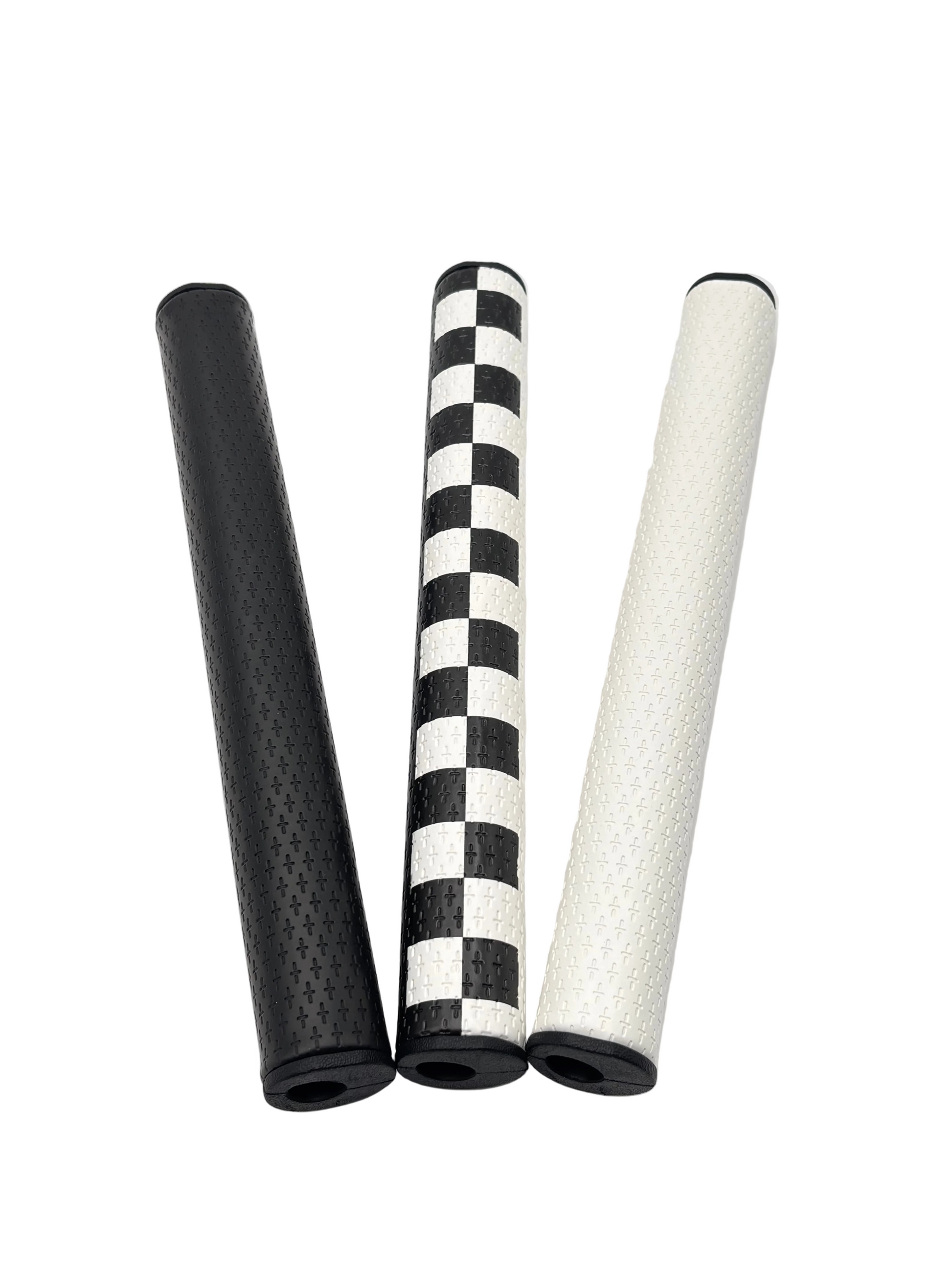 Three golf club grips with different textures and patterns on a white background
