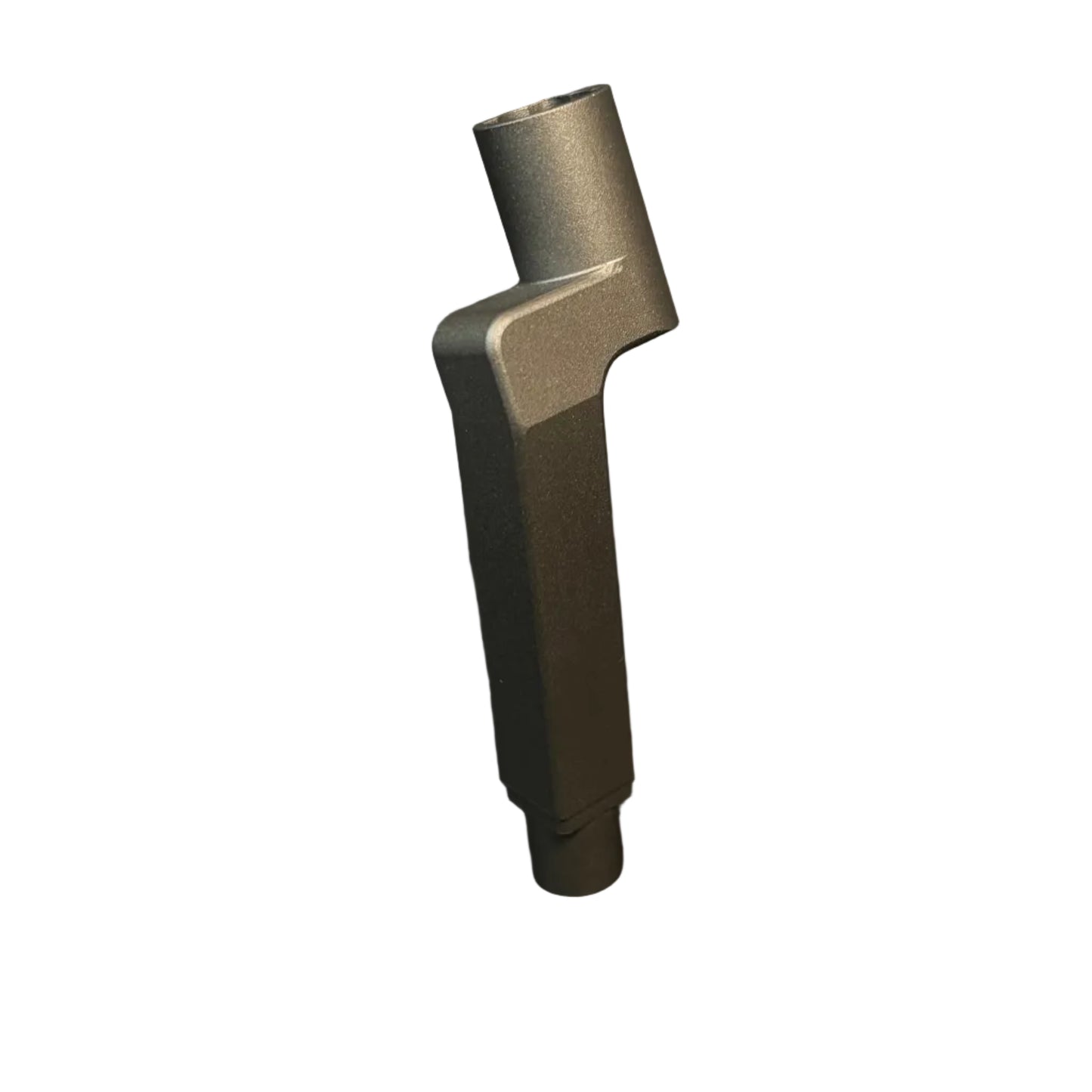 A dark gray anodized aluminum full offset BEEFY plumber neck hosel.  