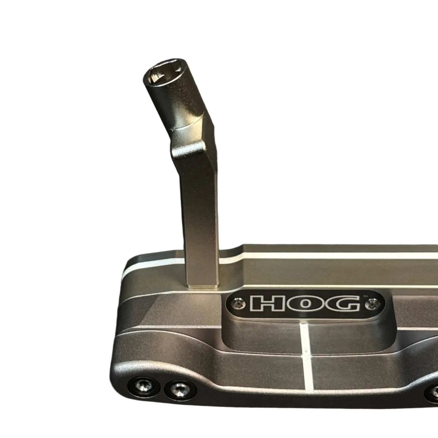 A close-up shot of a HOG brand golf putter head in metallic silver, showing the brand name 'HOG' on the front and the back of the club against a dark background.