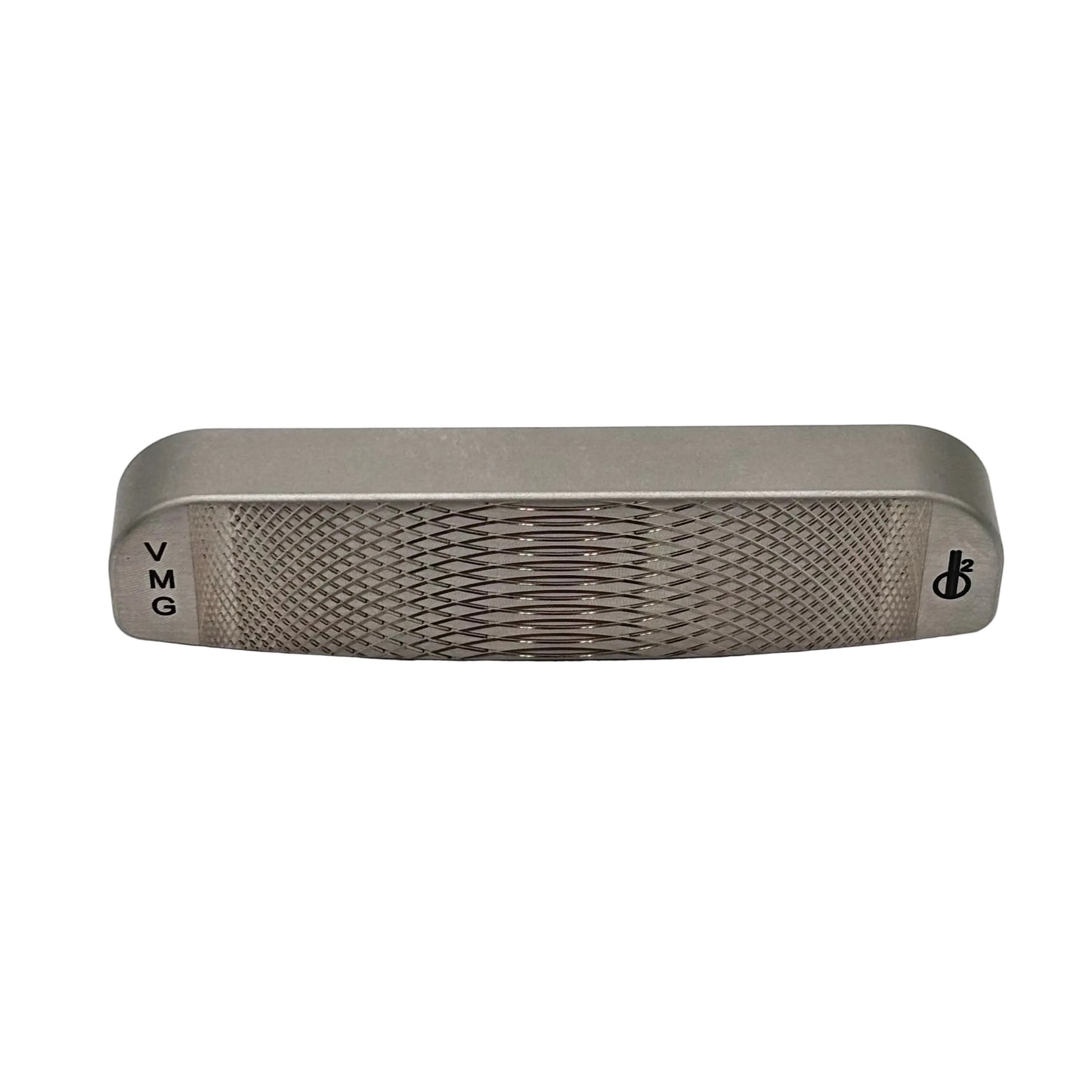 A stainless steel putter head with aggressive VMG face milling and a Morning Dew Satin finish, featuring a standard aluminum medallion.
