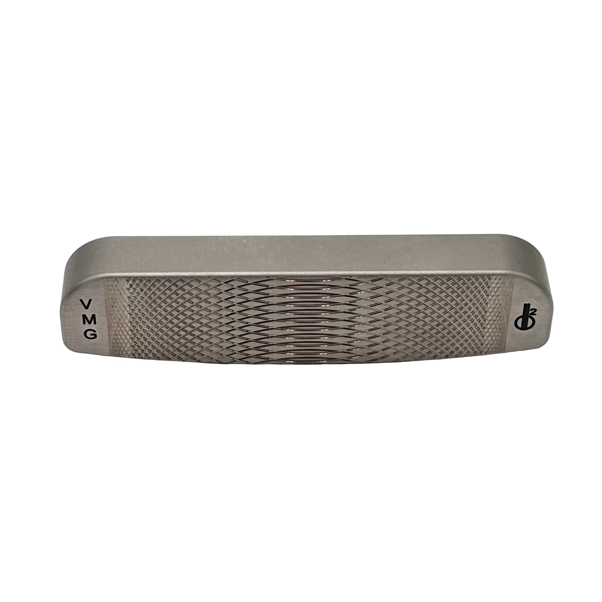 A stainless steel putter head with aggressive VMG face milling and a Morning Dew Satin finish, featuring a standard aluminum medallion.